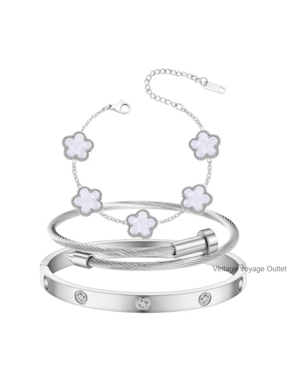 18K Gold Plated Love Friendship Bracelet Set with Cubic Zirconia Cuff Bangle